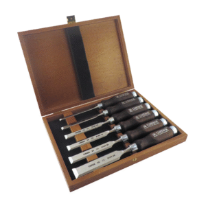 Narex 6 pc Set 6 mm (1/4), 10 (3/8), 12 (1/2), 16 (5/8), 20 (13/16), 26 (1-1/16) Woodworking Chisels in Wooden Presentation Box 853053
