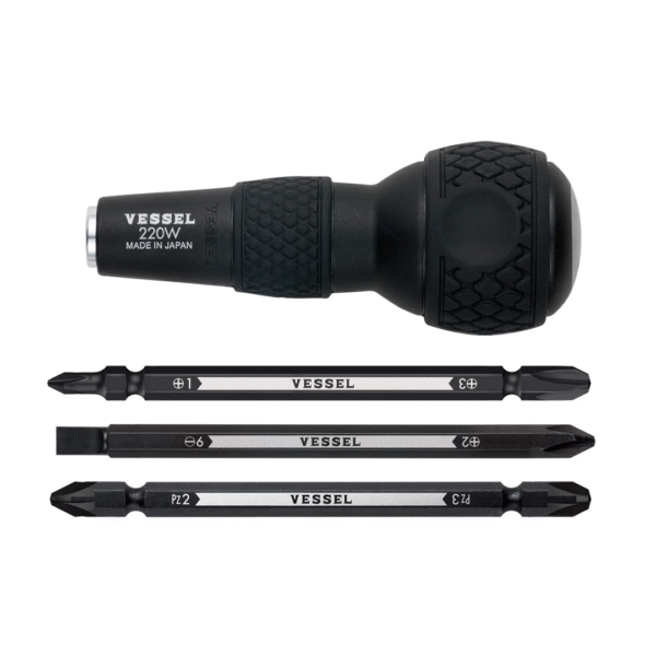 VESSEL BALL GRIP 1/4″ Hex. Bit Interchangeable Screwdriver (Bit 3PC. (+1, 3 / +2, -6 / PZ2, PZ3) SET. 220W3J1)
